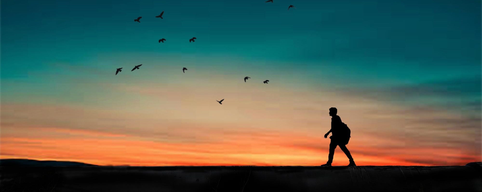 Silhouette of Person Walking At Sunrise With Beautiful Sky in Background